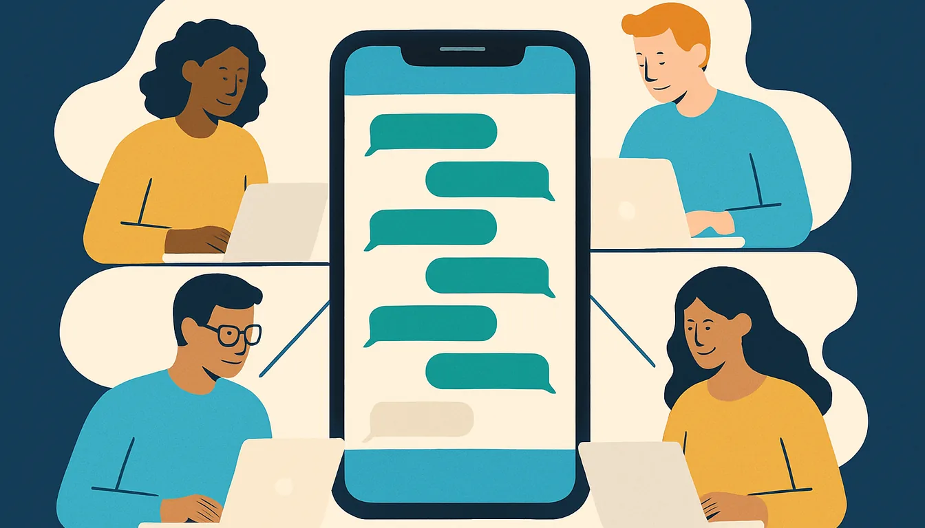 Illustration of four teammates at laptops, each linked to one smartphone that shows a WhatsApp conversation list