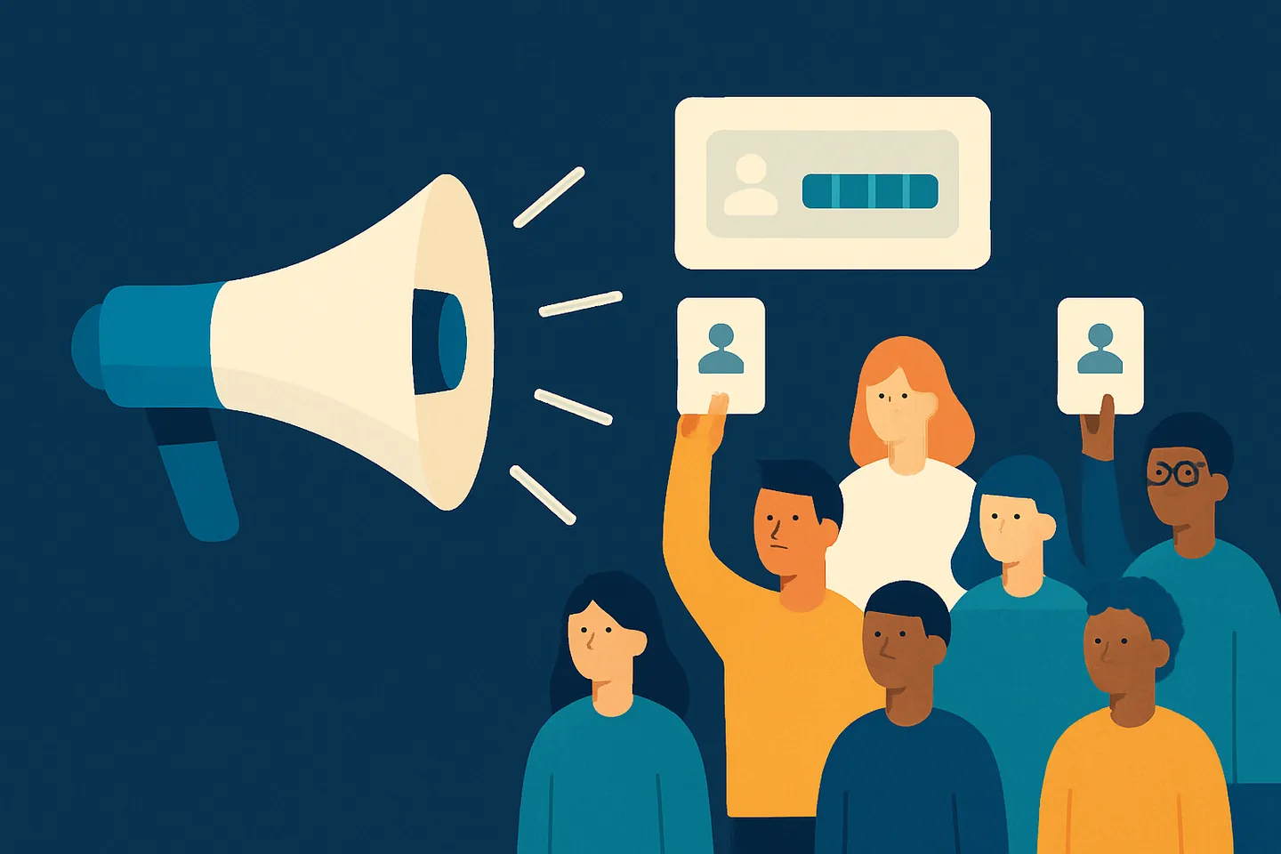 Illustration of a megaphone reaching a crowd where only some people hold a contact card