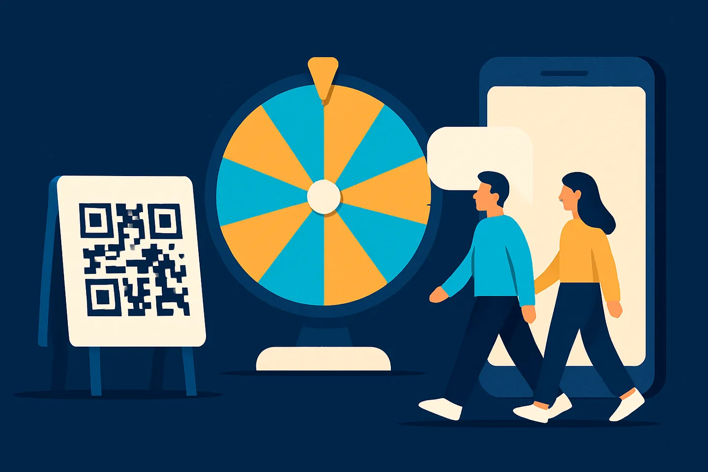 Illustration of a QR sign, a prize wheel and customers starting a conversation