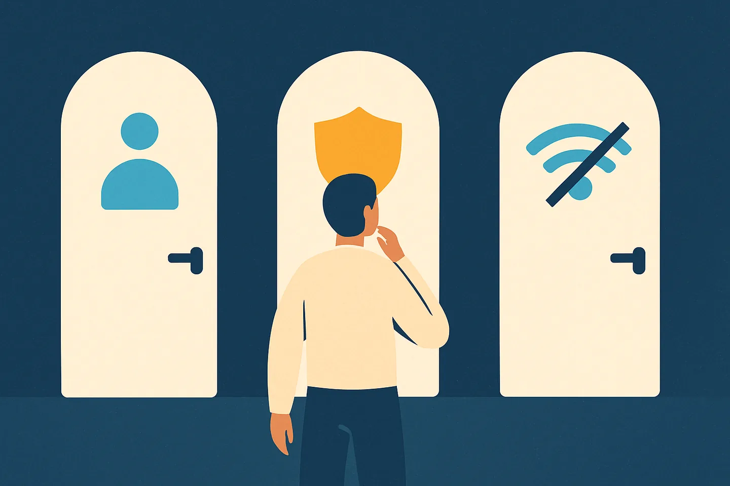 Illustration of three doors marked with a person, a shield and a crossed wifi symbol