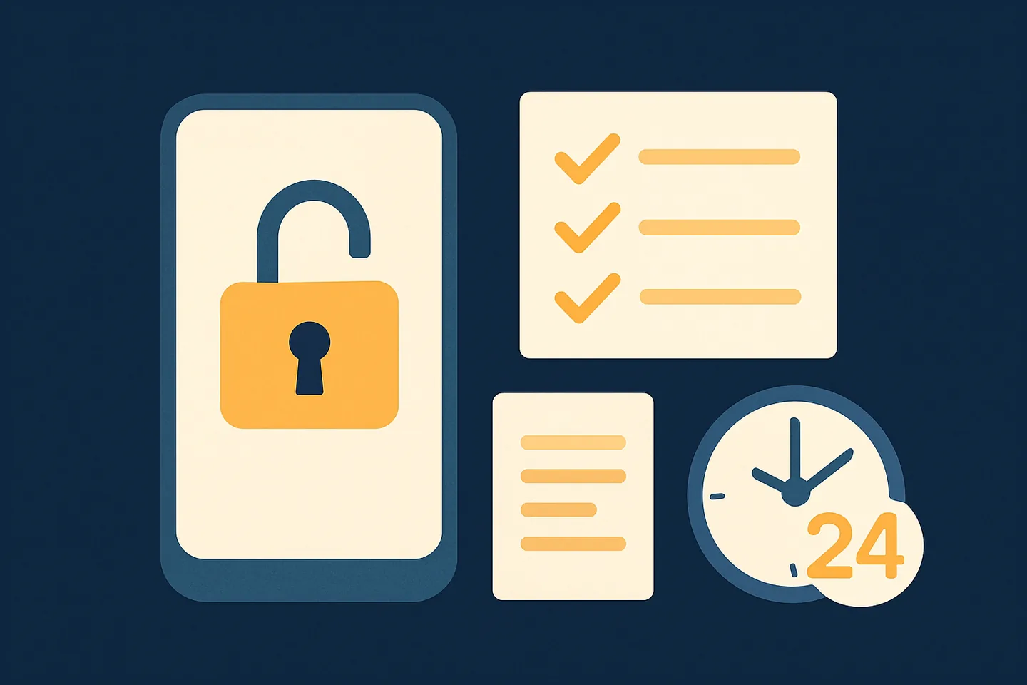 Illustration of a phone with an opening padlock, a checklist and a clock