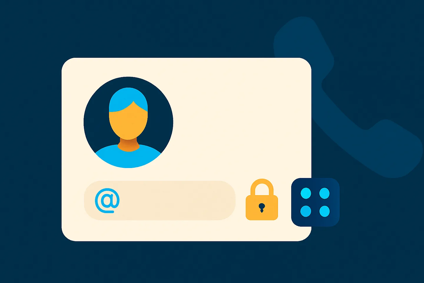 Illustration of a profile card with an at-sign handle in place of a phone number, beside a small padlock and a four-digit keypad